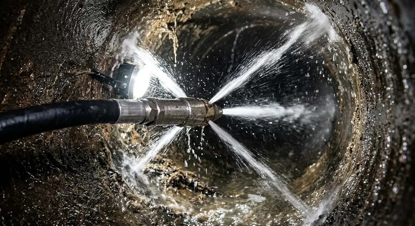 High-pressure hydro jetting nozzle cleaning sewer pipe for Emergency Drain Service in Pocono