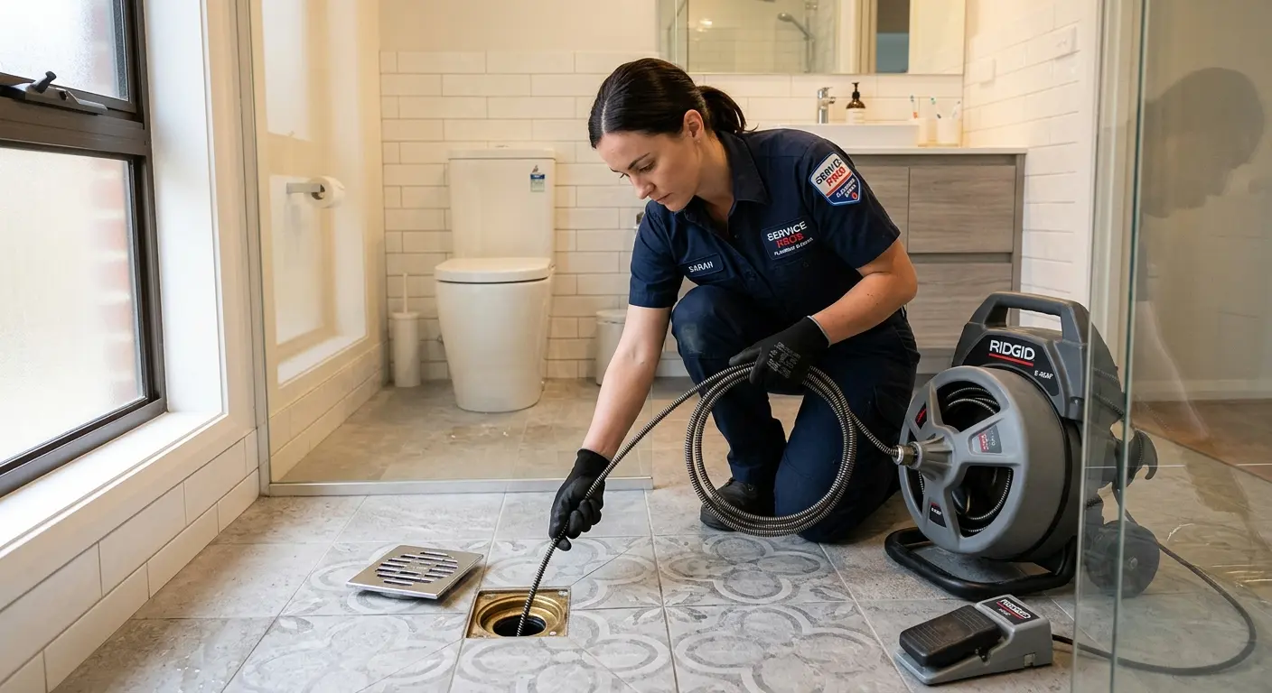 Technician clearing a bathroom floor drain for Sewer Line Replacement in Pocono